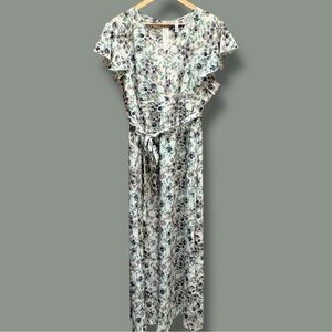 Cream, Purple, & Green Floral Print‎ Empire Waist Cap Ruffle Sleeve Maxi Dress
